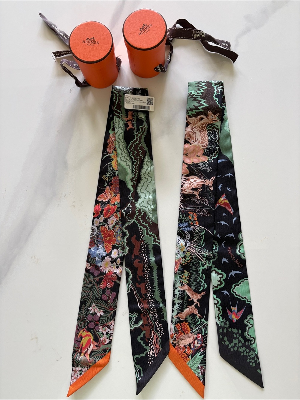 Hermès Black Silk Twilly with Green, Orange & Multicolor Nature Motif